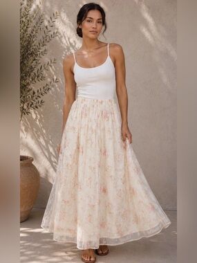 Rosie Posie Floral Mesh Maxi Skirt Sheer Overlay Romantic NWT Medium Elastic